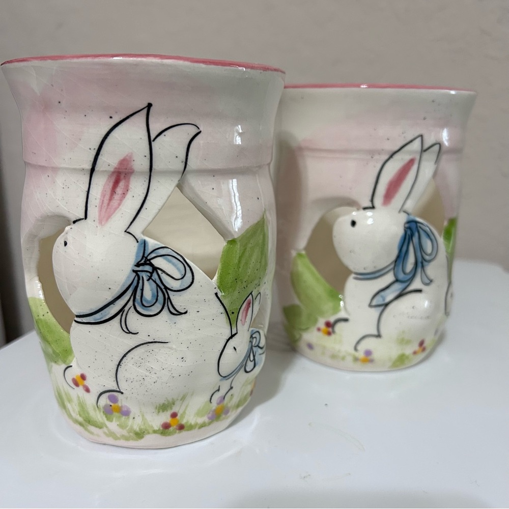 2 Cut Pottery Easter Bunny Candle Holders-Searcy Arkansas 5" Signed By G.Miller